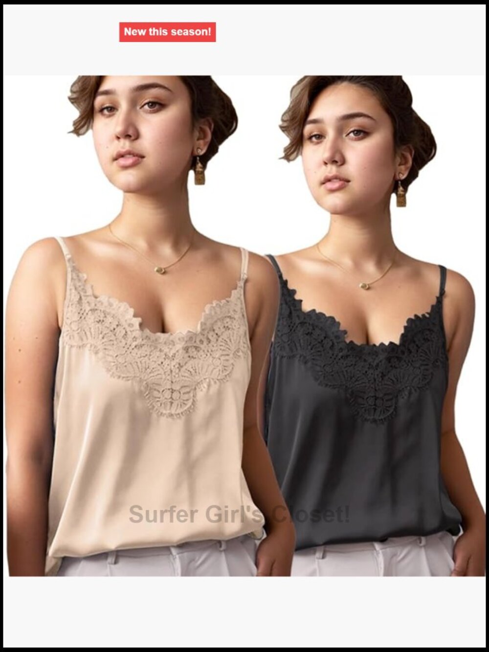 Silk Camisole Top with Lace Trim - Adjustable Straps - Sleeveless Tank